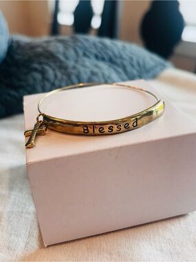 Blessed Cross Gold Tone Bangle Bracelet Inspirational Christian Faith